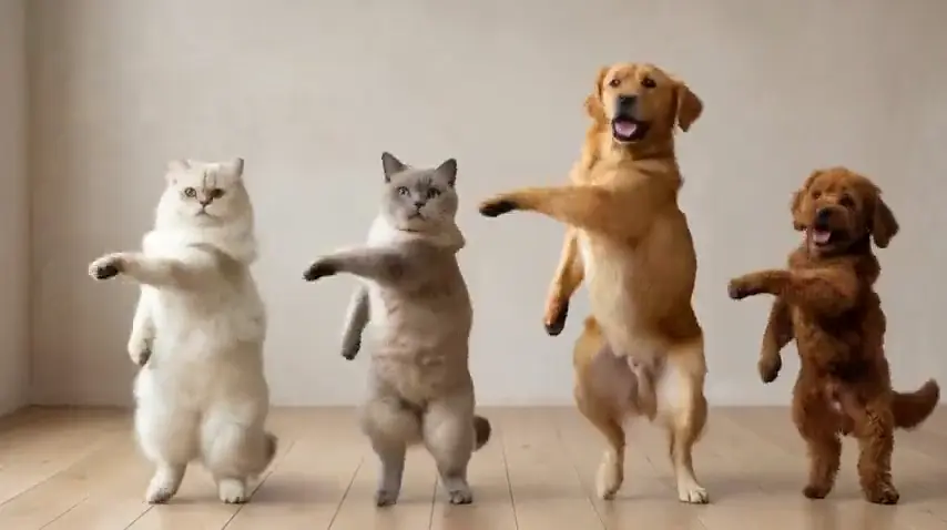 2匹の猫と2匹の犬がそろって踊る様子