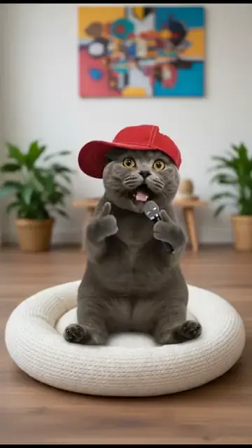 赤いキャップをかぶってマイクでラップするグレーの猫