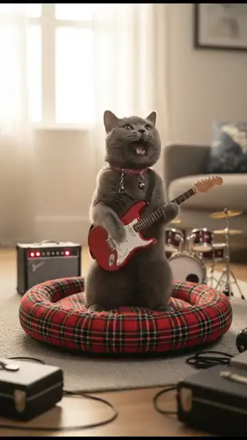 エレキギターを弾くグレーの猫。頭も足もしっぽも一緒に動きます