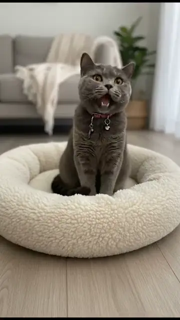 ふかふかのペットベッドで歌うグレーの猫