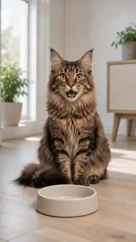 空のフードボウルの横でごはんをねだる猫