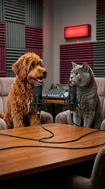 A dog and a cat talking to each other at podcast microphones