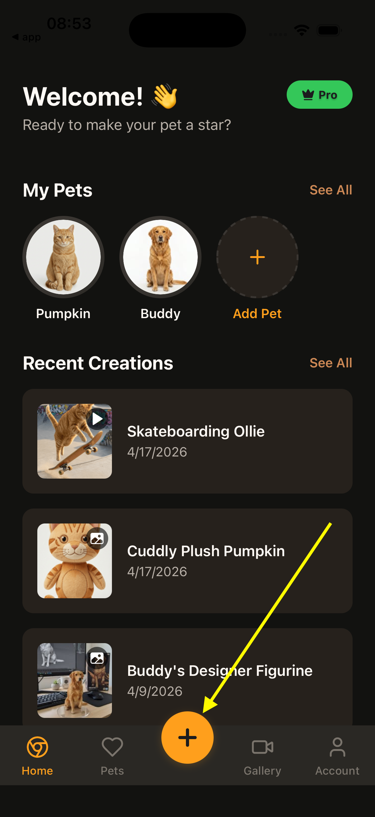 WigglePet home screen with the create button highlighted