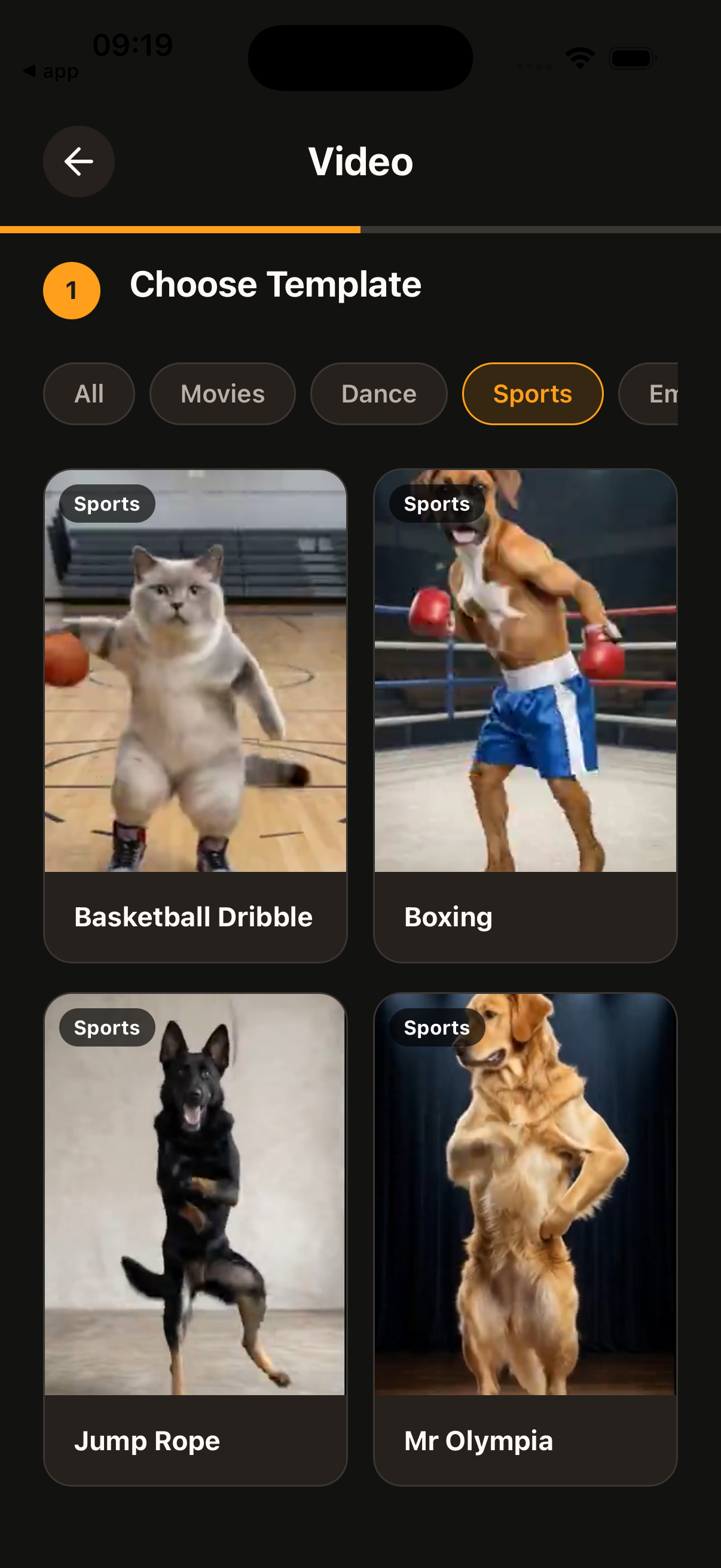 Template browser showing different movement and sports templates
