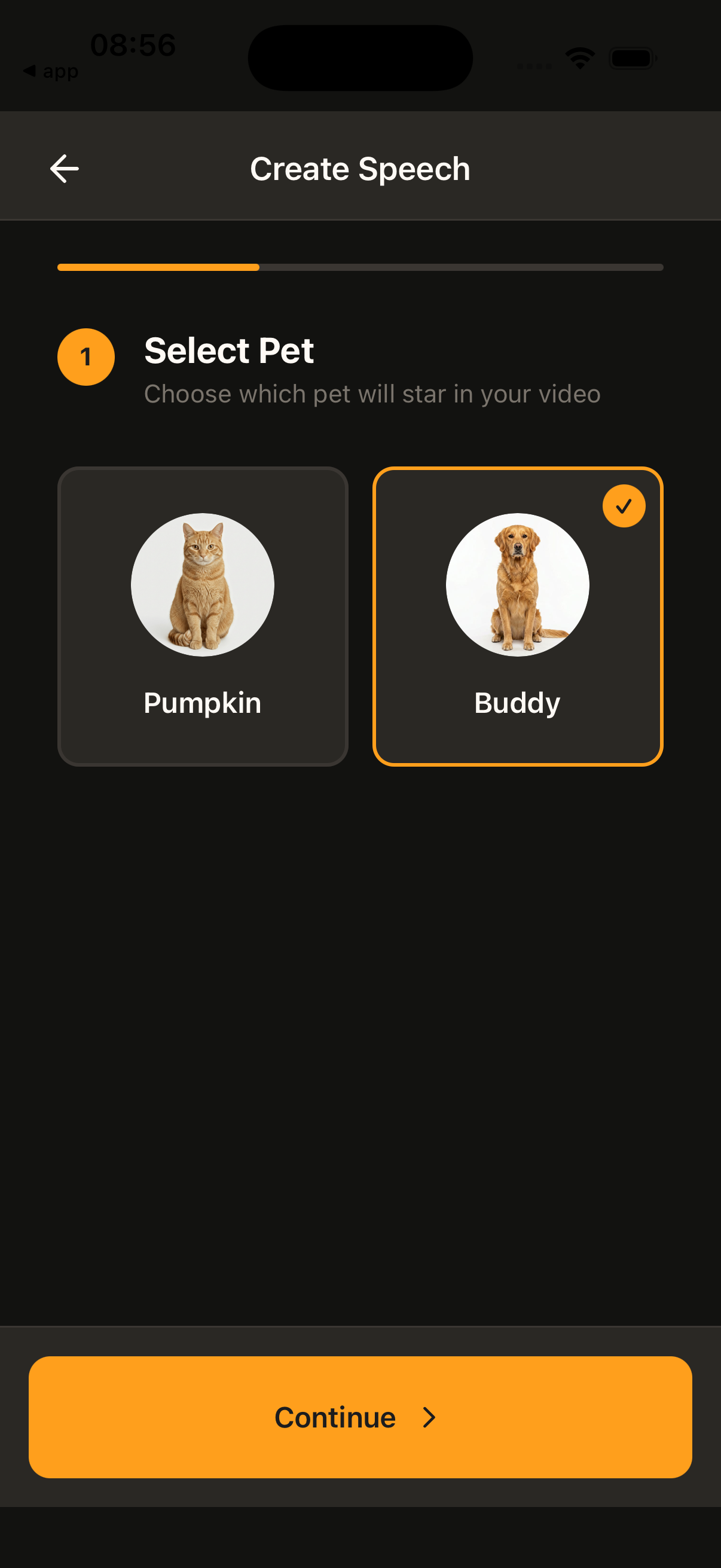 Select Pet step for pet speech creation