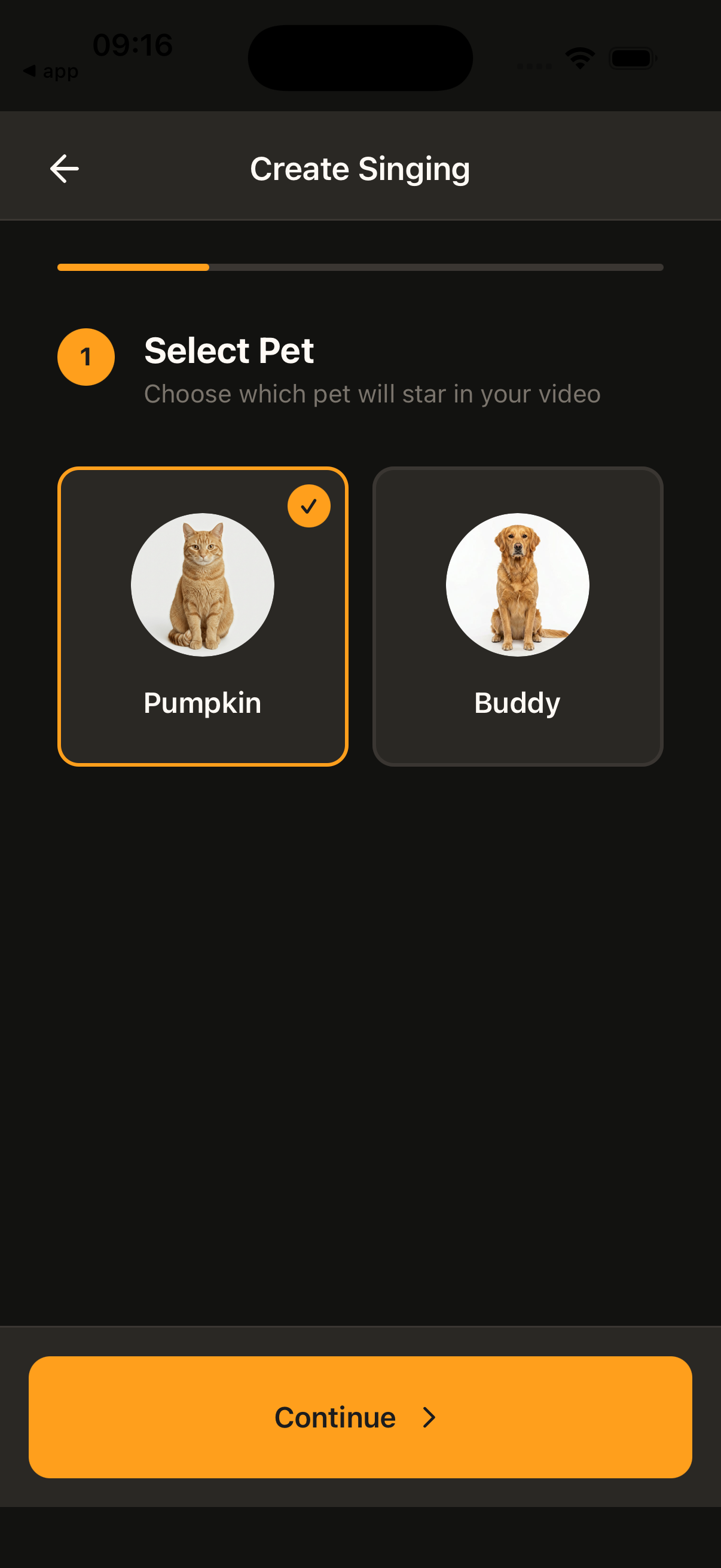 Select Pet step for creating a singing video