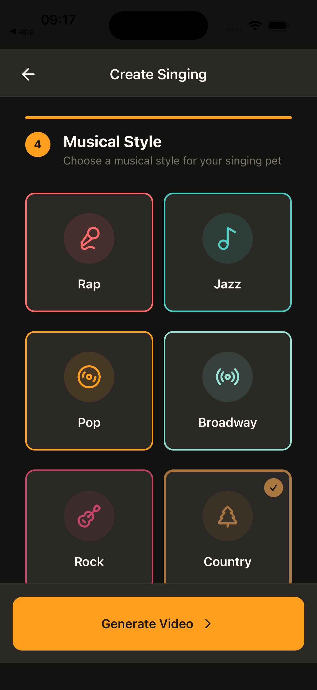 Musical style selection for singing video creation