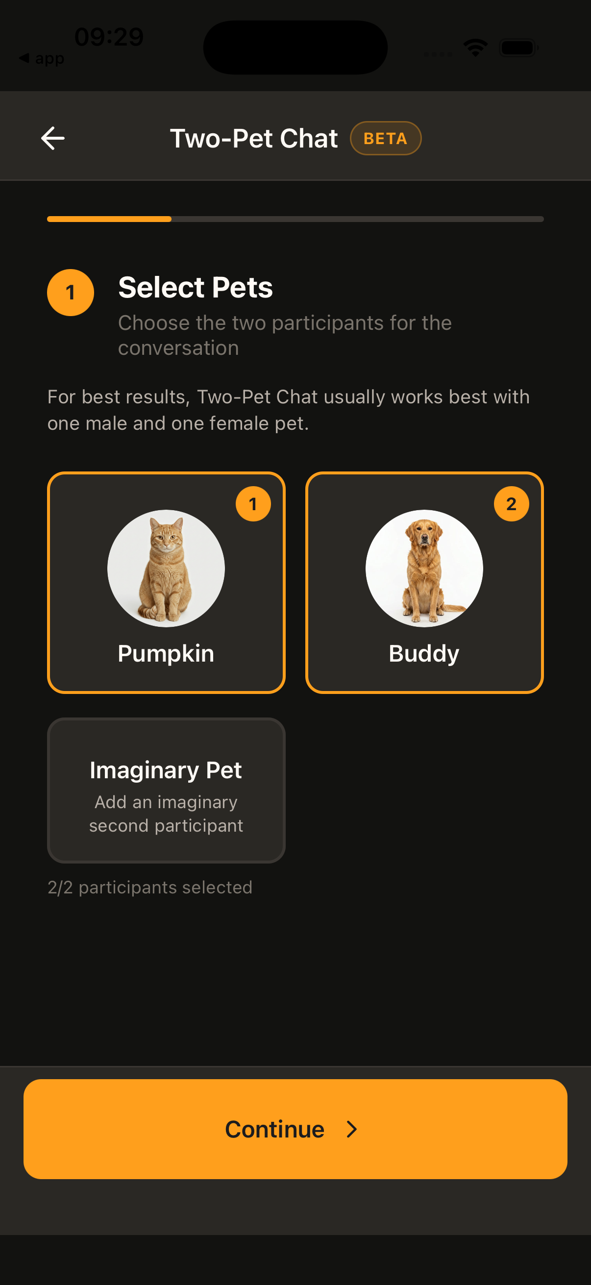 Select Pets step for Two-Pet Chat