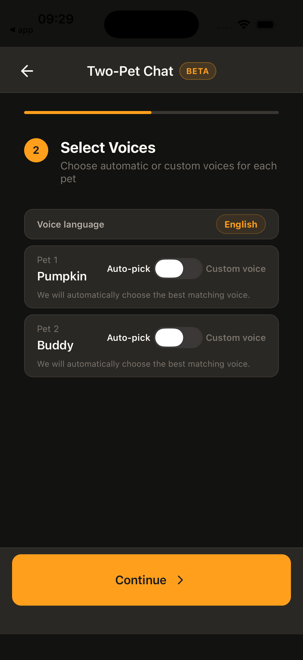 Voice selection step for Two-Pet Chat